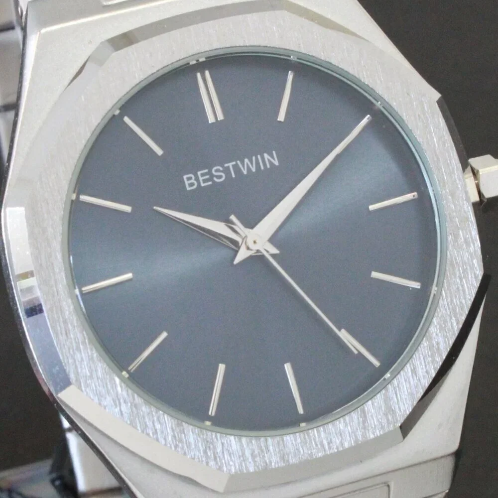 Men's Sports Watch Integrated Bracelet Silver Tone Blue Dial 41.5mm